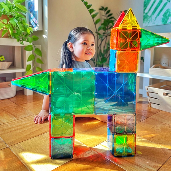 Dievča postavilo psa z magnetickej stavebnice MAGNA-TILES